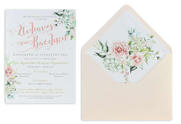 Προσκλητήριο γάμου με dreamy ρομαντικό ύφος και floral στοιχεία από λευκά – ροζ τριαντάφυλλα, ευκάλυπτο και ορτανσίες