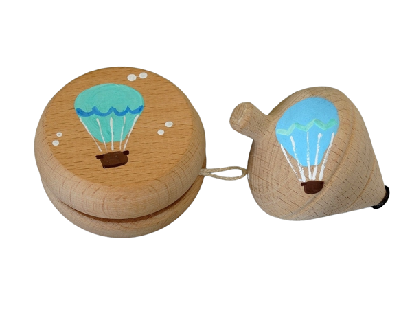 Ξύλινο γιο-γιο και σβούρα με ζωγραφιστό αερόστατο σε χρώματα της επιλογής σας