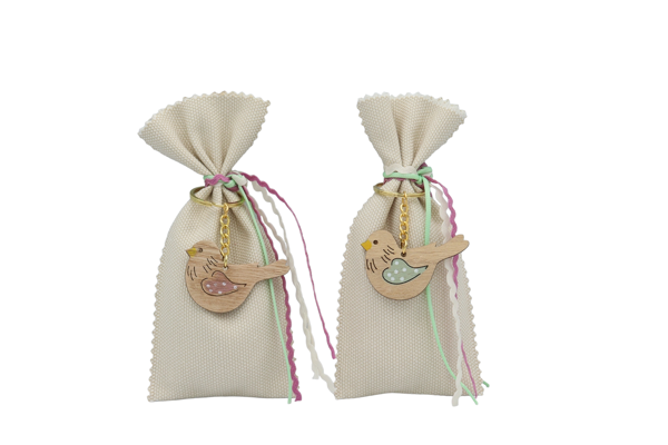 Χειροποίητη μπομπονιέρα βάπτισης εκρού πουγκί δεμένο με κορδελίτσες και μπρελόκ με ξύλινο διακοσμητικό πουλάκι  σε 2 χρωματισμούς (ροζ και βεραμάν)