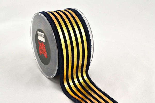 Βελούδινη κορδέλα foil stripes σε απόχρωση σκούρο μπλε και χρυσό, με γαζί και σύρμα στο τελείωμα