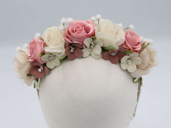Flower crown - Στέκα για τα μαλλιά με dusty pink, μπεζ και εκρού λουλούδια,