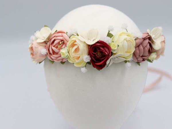 Flower tiara - Στεφανάκι για τα μαλλιά με dusty pink, μπορντό και εκρού λουλούδια υφασμάτινα