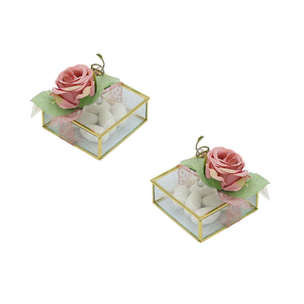 Μπομπονιέρα γάμου γυάλινο κουτάκι, σε χρυσό, ασημί και ροζ χρυσό, με διακοσμητικό τριαντάφυλλο	