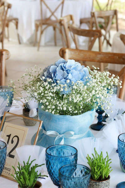 διακοσμητικό Τραπεζιού Βάπτισης με Πουγκί & Φυσικά Λουλούδια | Γυψοφύλλη & Ορτανσία