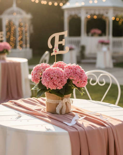 Centerpiece Δεξίωσης με Ροζ Ορτανσία & Μονόγραμμα