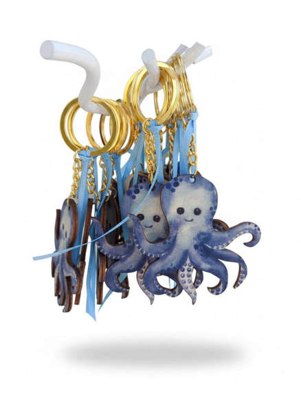 Μπομπονιέρα μπρελόκ με ξύλινο χταπόδι, το ξύλινο στοιχείο μπορεί να γίνει σε όλα τα θέματα.