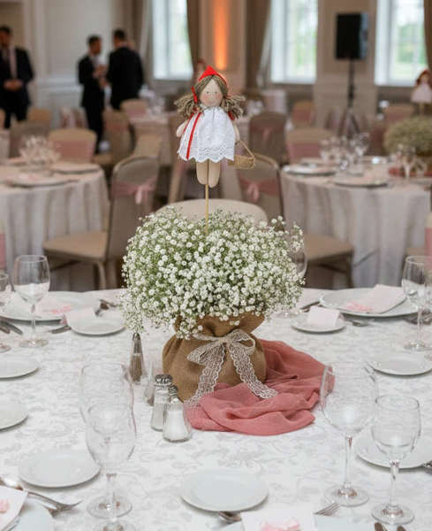 Centerpiece Βάπτισης Κοκκινοσκουφίτσα με Γυψοφίλη & Λινάτσα