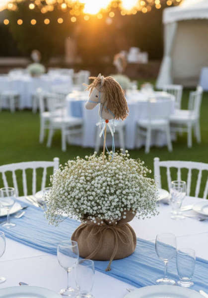 Centerpiece Βάπτισης Αγοριού με Αλογάκι & Γυψοφίλη