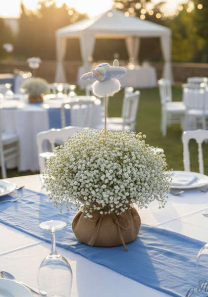 Centerpiece Βάπτισης Αεροπλάνο με Γυψοφίλη & Λινάτσα
