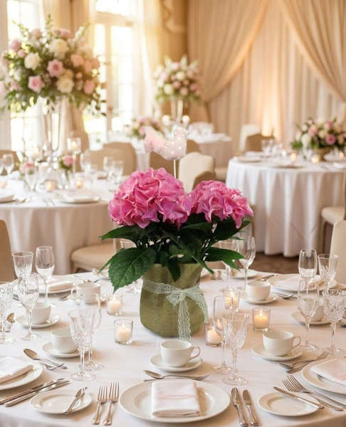 Centerpiece Δεξίωσης με Ροζ Ορτανσία & Λινάτσα | Στολισμός Τραπεζιών