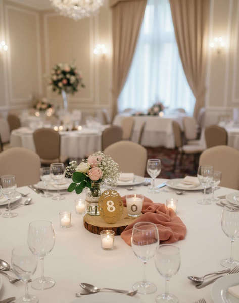 Centerpiece Δεξίωσης με Ξύλινο Κορμό & Αρίθμηση Τραπεζιού | annas Secrets