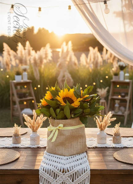 Centerpiece Δεξίωσης με Ηλιοτρόπιο & Λινάτσα