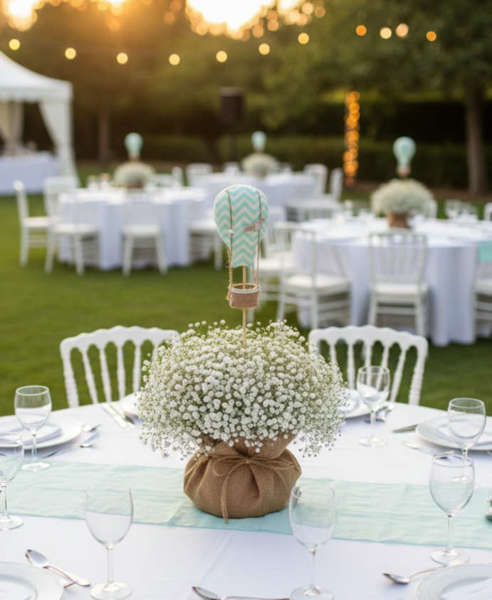 Centerpiece Βάπτισης Αερόστατο με Γυψοφίλη & Λινάτσα