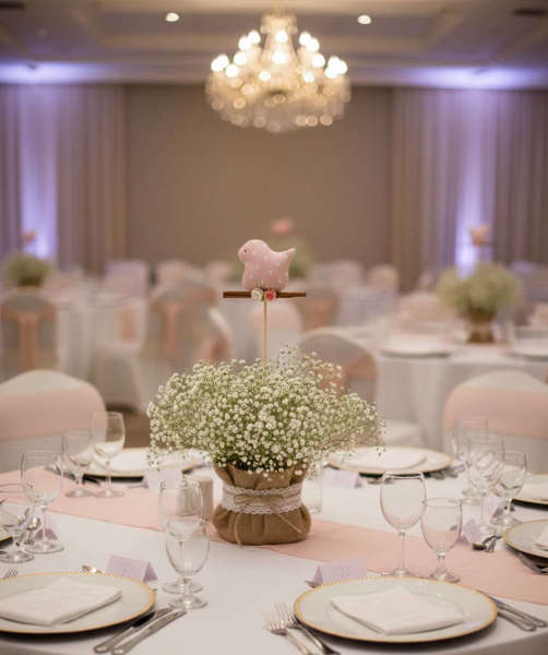 Centerpiece Βάπτισης με Πουλάκι, Γυψοφίλη & Κανέλα