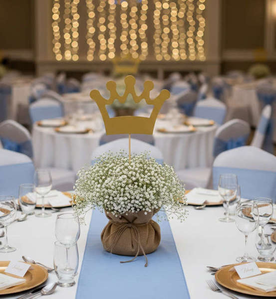 Centerpiece Βάπτισης Κορώνα Χρυσή με Γυψοφίλη & Λινάτσα