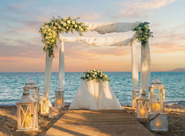 Ρομαντικός Στολισμός Γάμου σε Παραλία με Gazebo &amp; Φανάρια