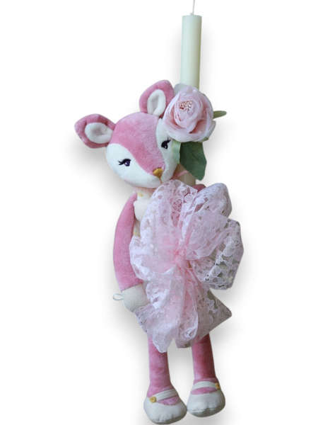 Πασχαλινή Λαμπάδα με Λούτρινη Ελαφίτσα & Ροζ Δαντέλα