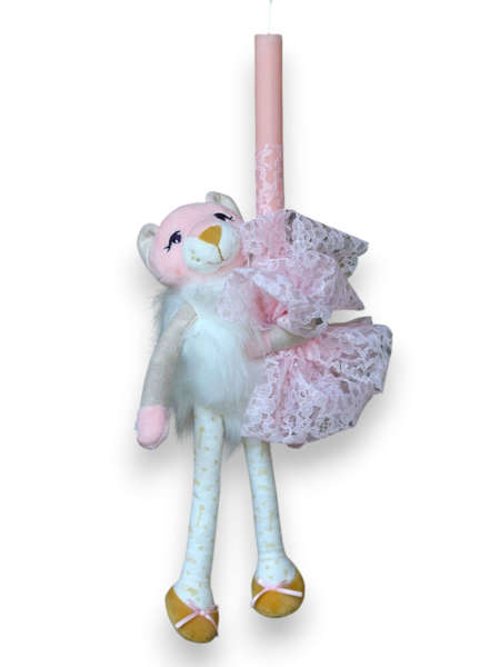 Πασχαλινή Λαμπάδα με Λούτρινη Λέαινα & Ροζ Δαντέλα